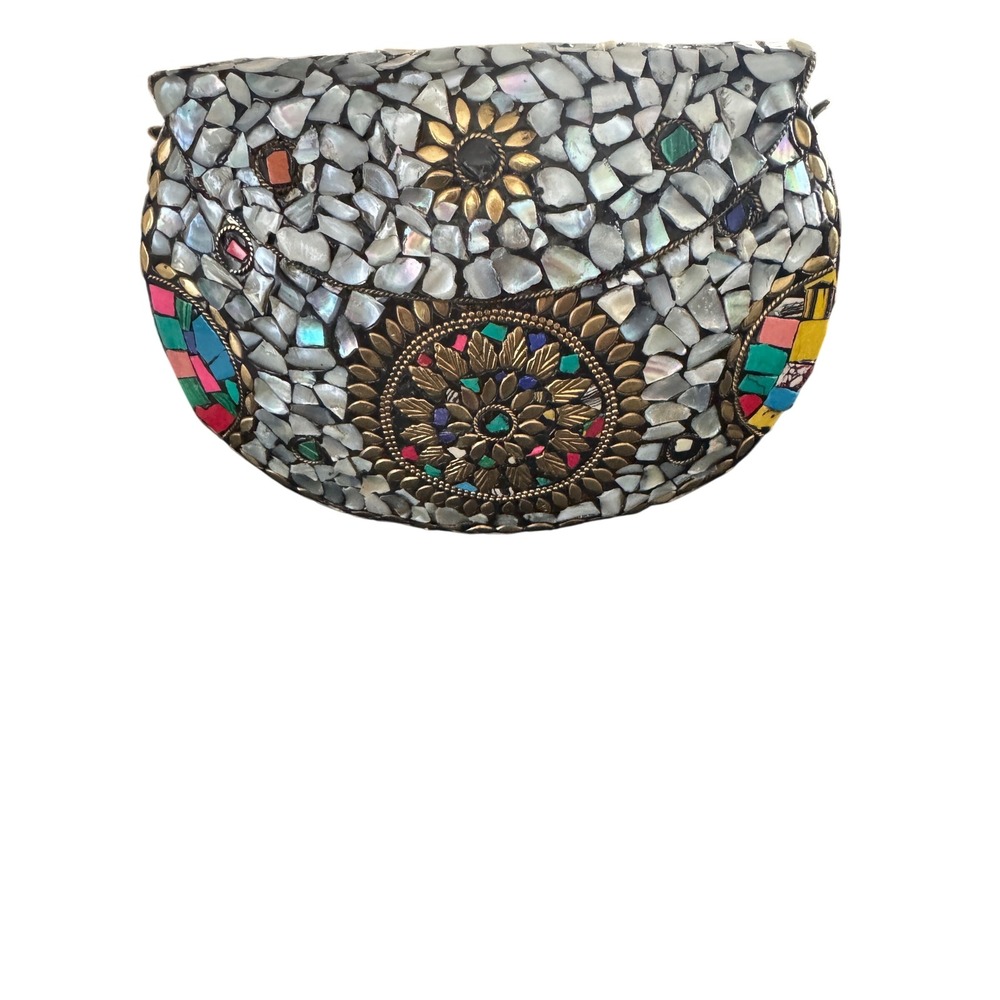 RAMLA Clutch Womens OS White Mother of‎ Pearl Mosaic Handmade Boho Evening Bag